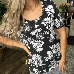 Giorgio Grati Vintage Sweetheart Neck Floral Beaded Black White Top T-Shirt M